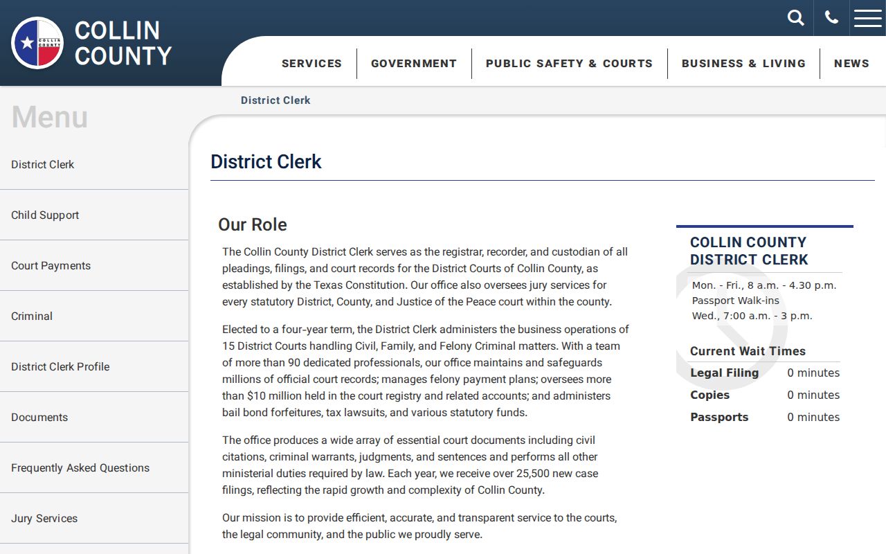 Collin County District Clerk records and e-filing page