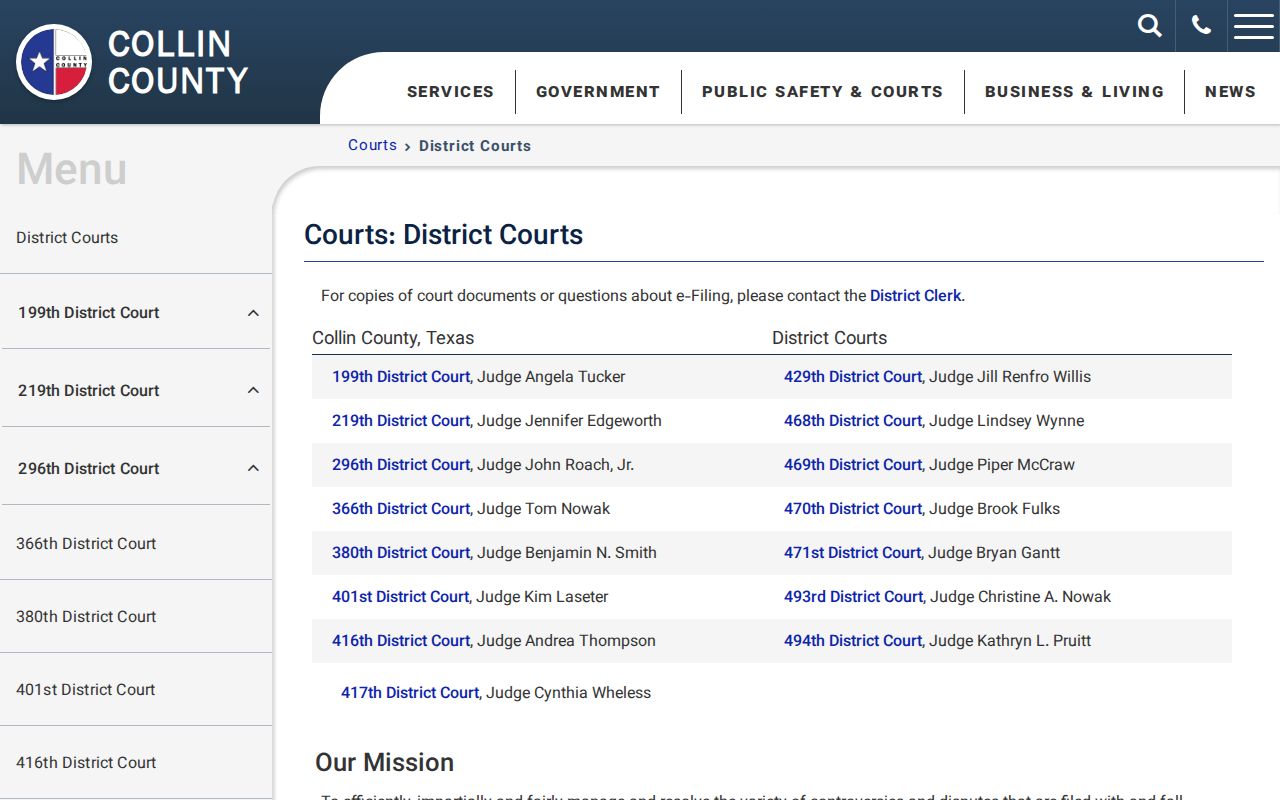 Collin County District Courts list and contact information