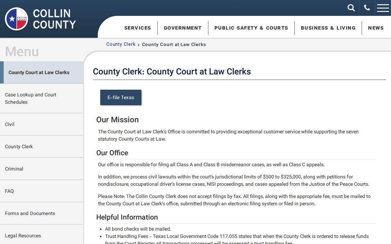 Collin County criminal docket County Court at Law clerk page