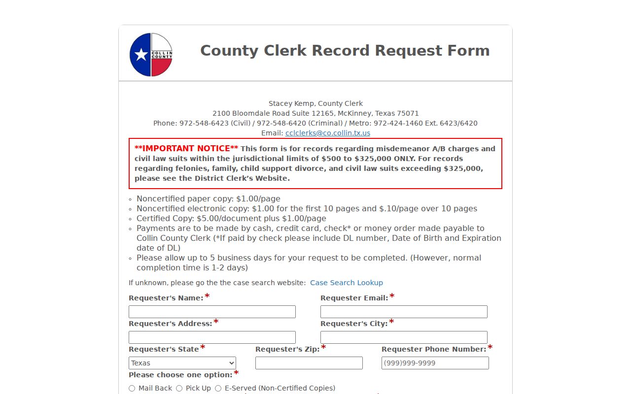 Collin County Clerk dynamic civil and misdemeanor records request form
