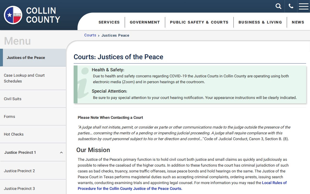 Collin County Justice of the Peace traffic and hearing information