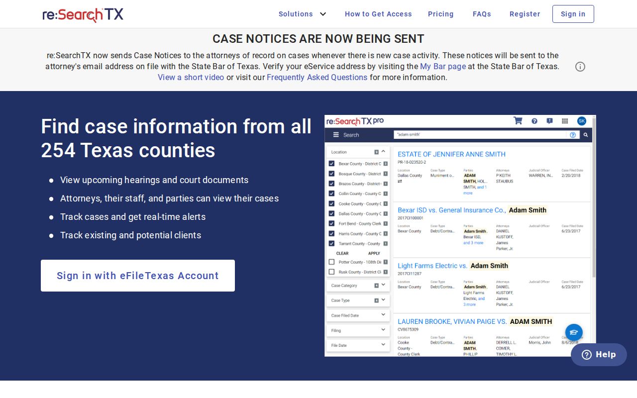re:SearchTX statewide court record search landing page