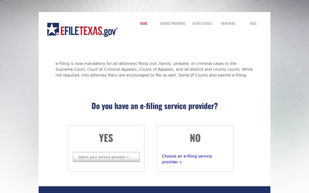 eFileTexas state filing and electronic service entry page