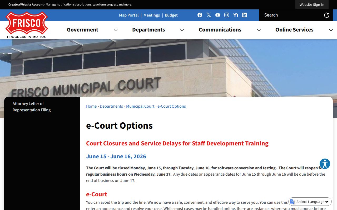 Frisco e-Court Options menu for municipal citations