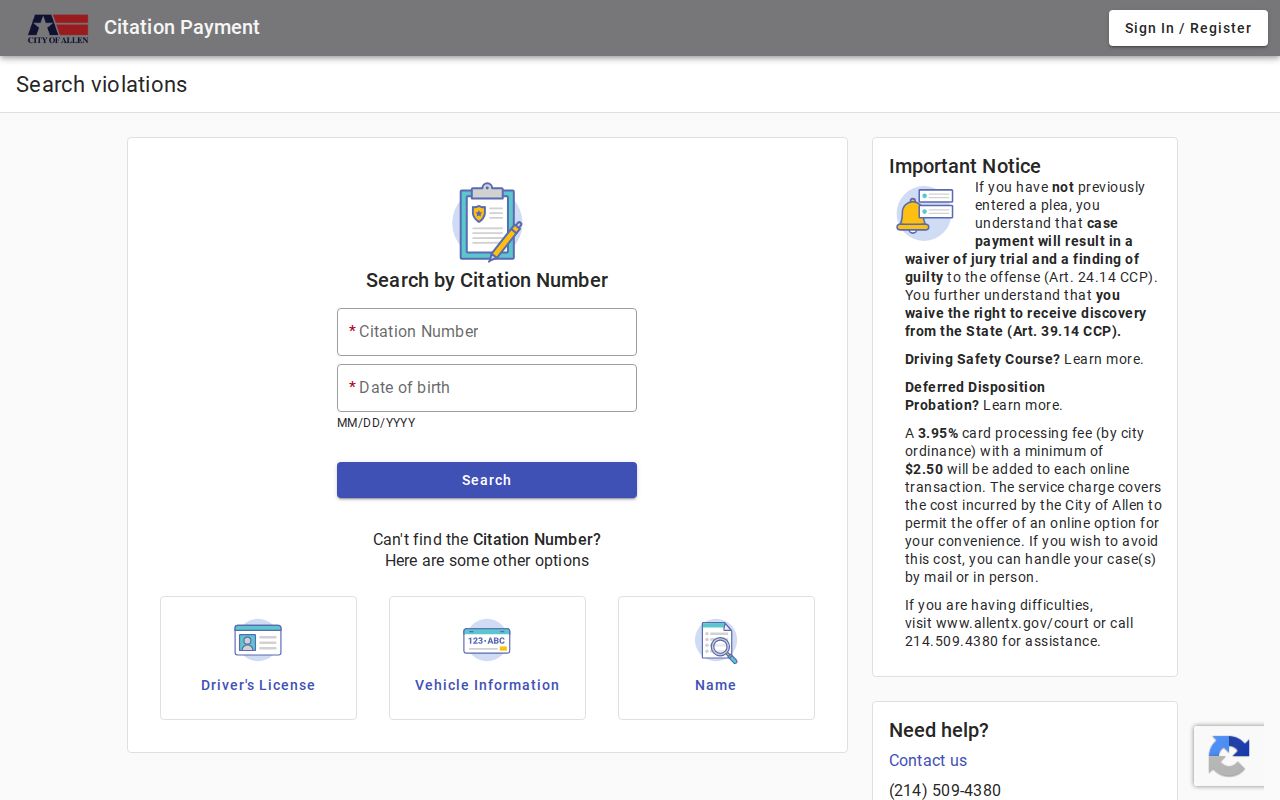 Allen Municipal Court Tyler citation search