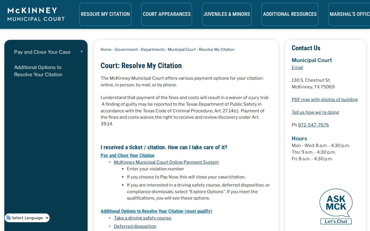 McKinney Resolve My Citation pay or explore options screen
