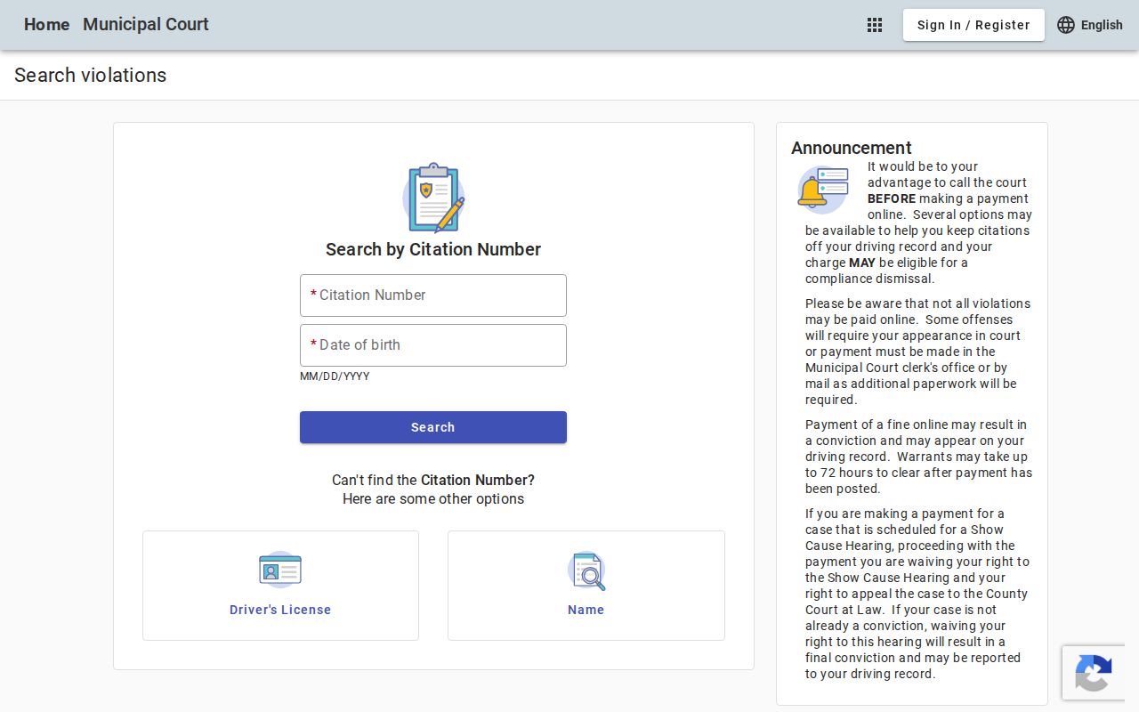 Wylie Municipal Court citation search fields and notices