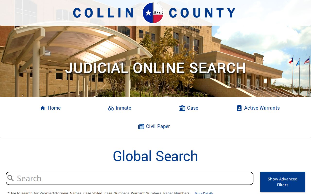 Collin County Judicial Online Search all-case landing screen