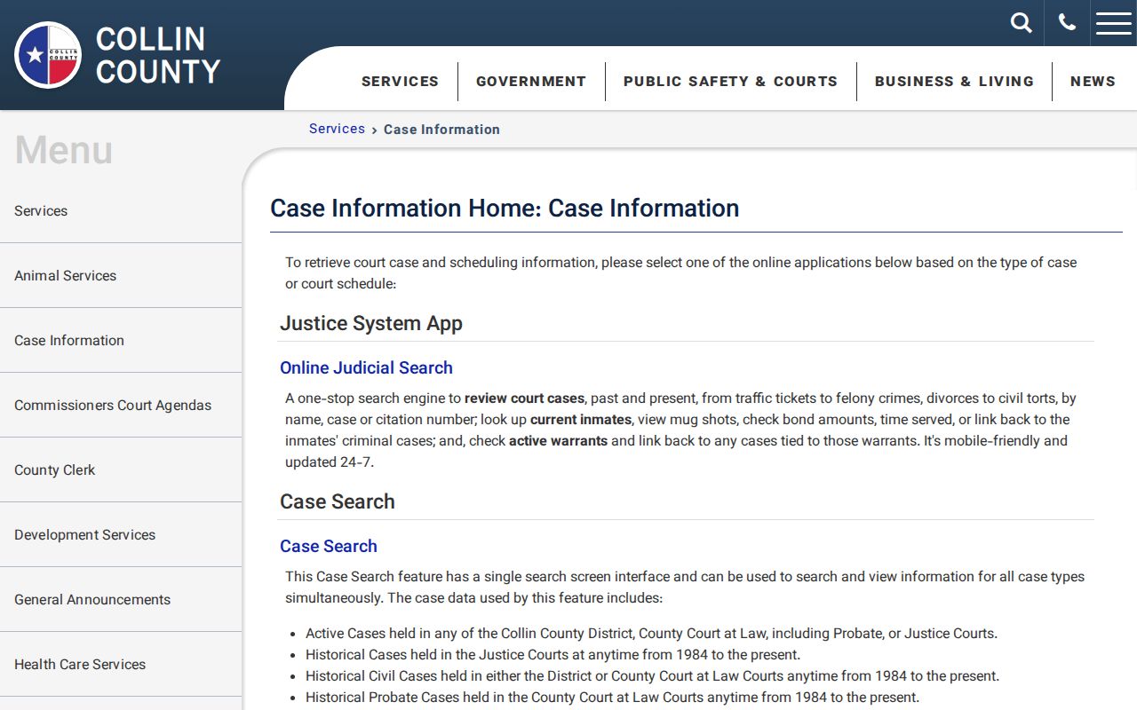 Collin County Case Information page with public search choices